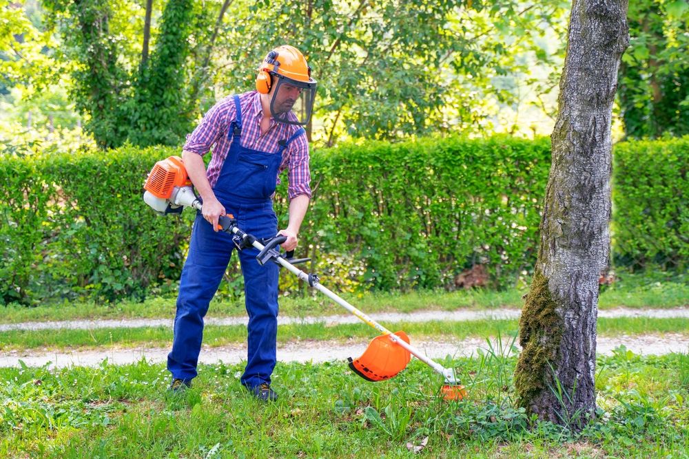 One,Man,Working,In,Garden,And,Mowing,Grass,Using,Brush
