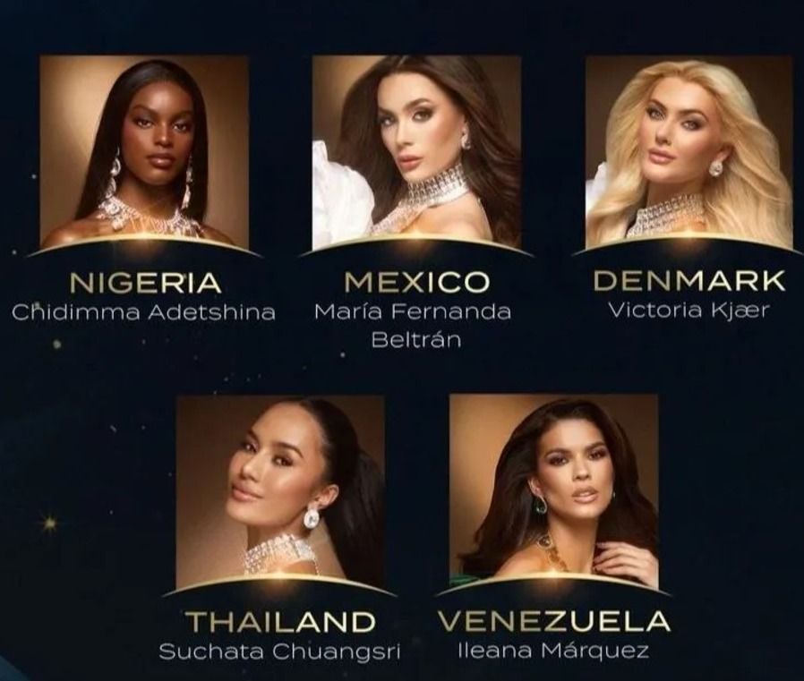 Miss Universe top 5 versenyzője: jobb felső sarokban a dán győztes