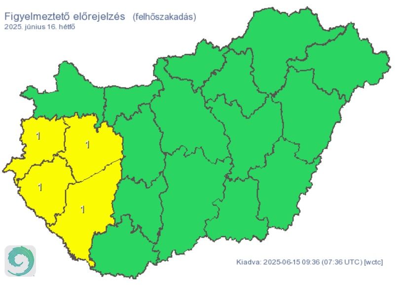 Időjárás: két elsőfokú riasztást is adtak ki Vas vármegyére, egyiket a zivatarok, másikat a felhőszakadás veszélyei miatt